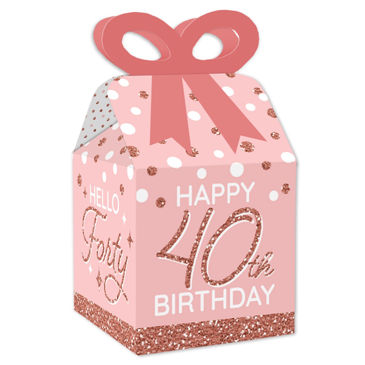 Big Dot of Happiness 40th Pink Rose Gold Birthday - Square Favor Gift Boxes - Happy Birthday Party Bow Boxes - Set of 12